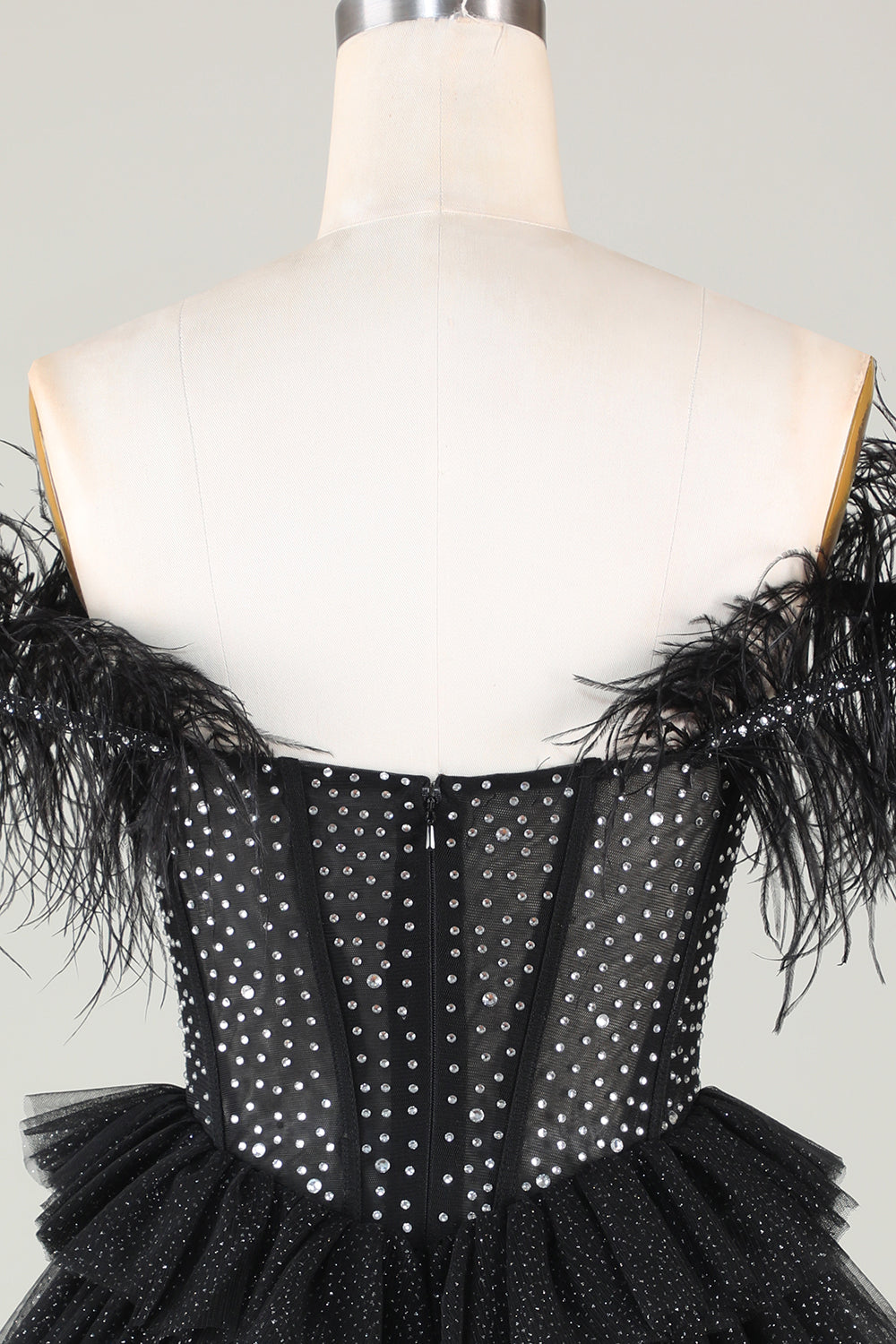 Sparkly Black A-Line Beaded Corset Short Homecoming Dress with Feathers