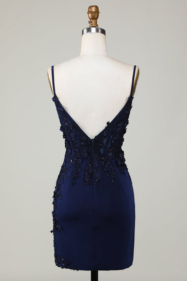 Sparkly Navy Tight Corset Short Homecoming Dress with Lace