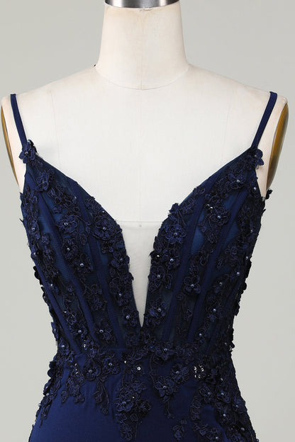 Sparkly Navy Tight Corset Short Homecoming Dress with Lace