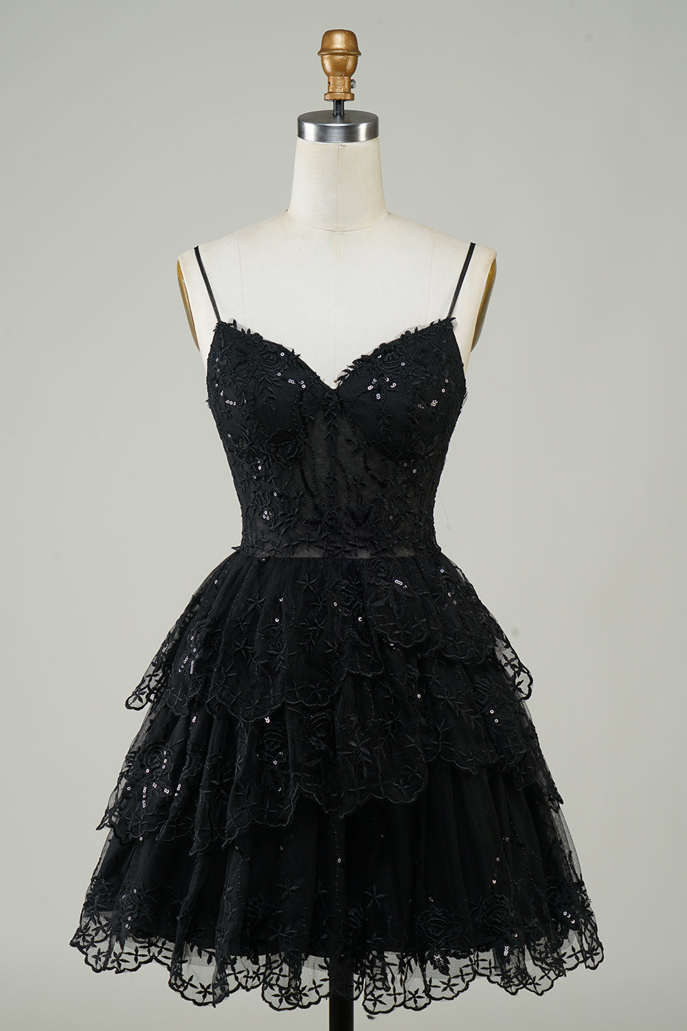 Cute Black A Line Sparkly Sequin Tiered Corset Short Homecoming Dress