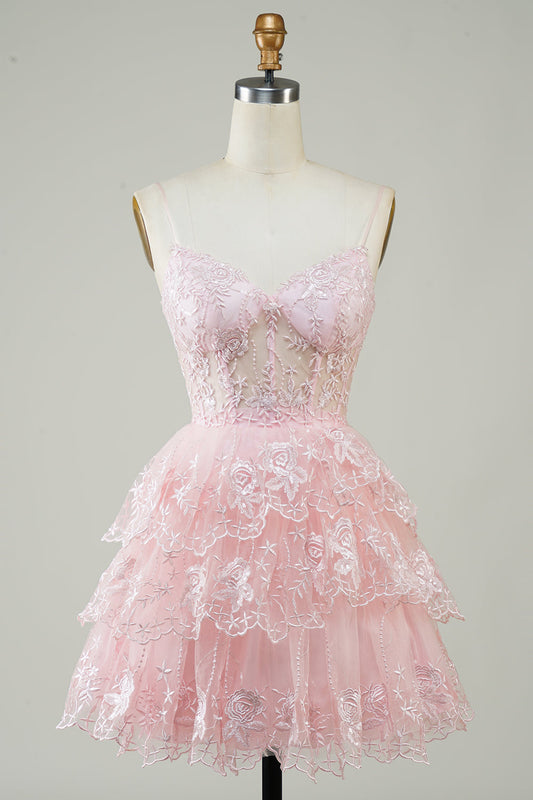 Cute Pink A Line Spaghetti Straps Sparkly Sequin Tiered Corset Short Homecoming Dress