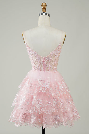 Cute Pink A Line Spaghetti Straps Sparkly Sequin Tiered Corset Short Homecoming Dress