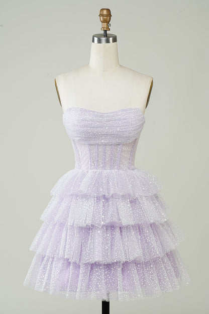 Sparkly Lilac A Line Strapless Polka Dots Corset Tiered Short Homecoming Dress