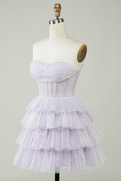 Sparkly Lilac A Line Strapless Polka Dots Corset Tiered Short Homecoming Dress