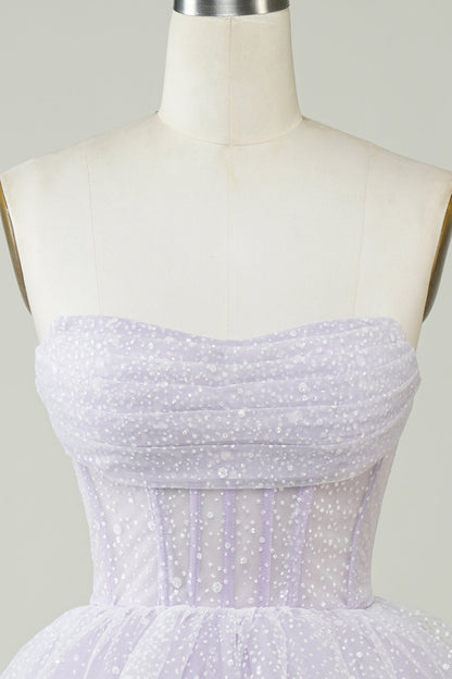 Sparkly Lilac A Line Strapless Polka Dots Corset Tiered Short Homecoming Dress