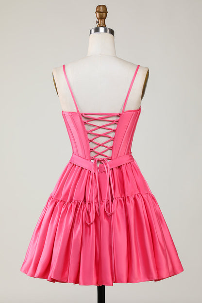 Cute Fuchsia A Line Spaghetti Straps Corset Ruffle Homecoming Dress with Bows