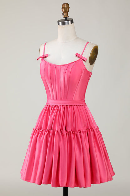 Cute Fuchsia A Line Spaghetti Straps Corset Ruffle Homecoming Dress with Bows