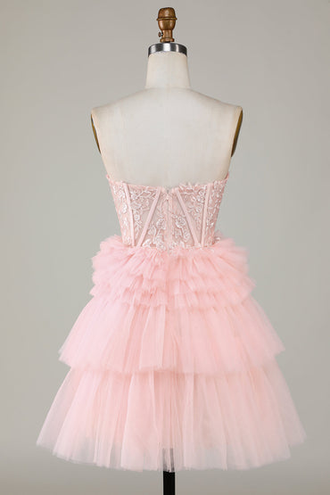 Trendy A Line Sweetheart Tiered Pink Short Homecoming Dress with Ruffles