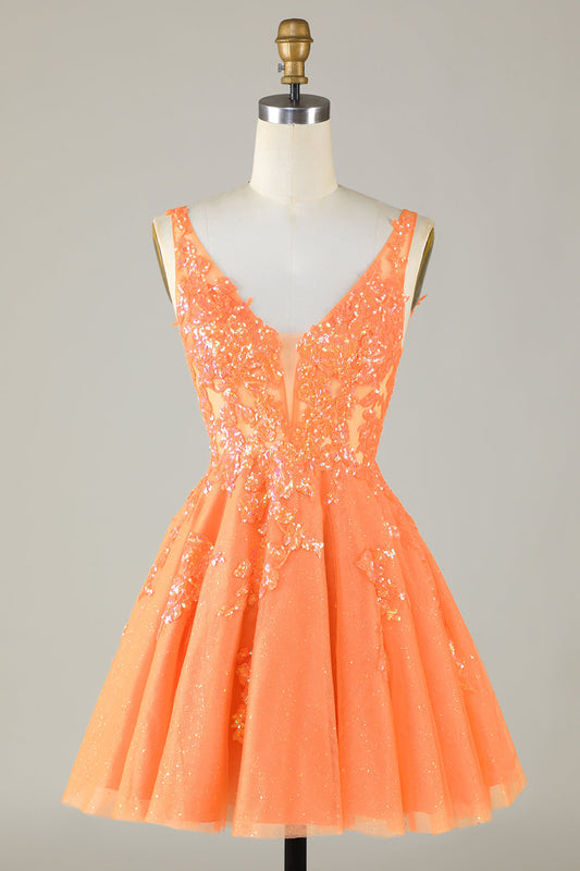 Glitter Orange A Line V Neck Sequins Short Homecoming Dress