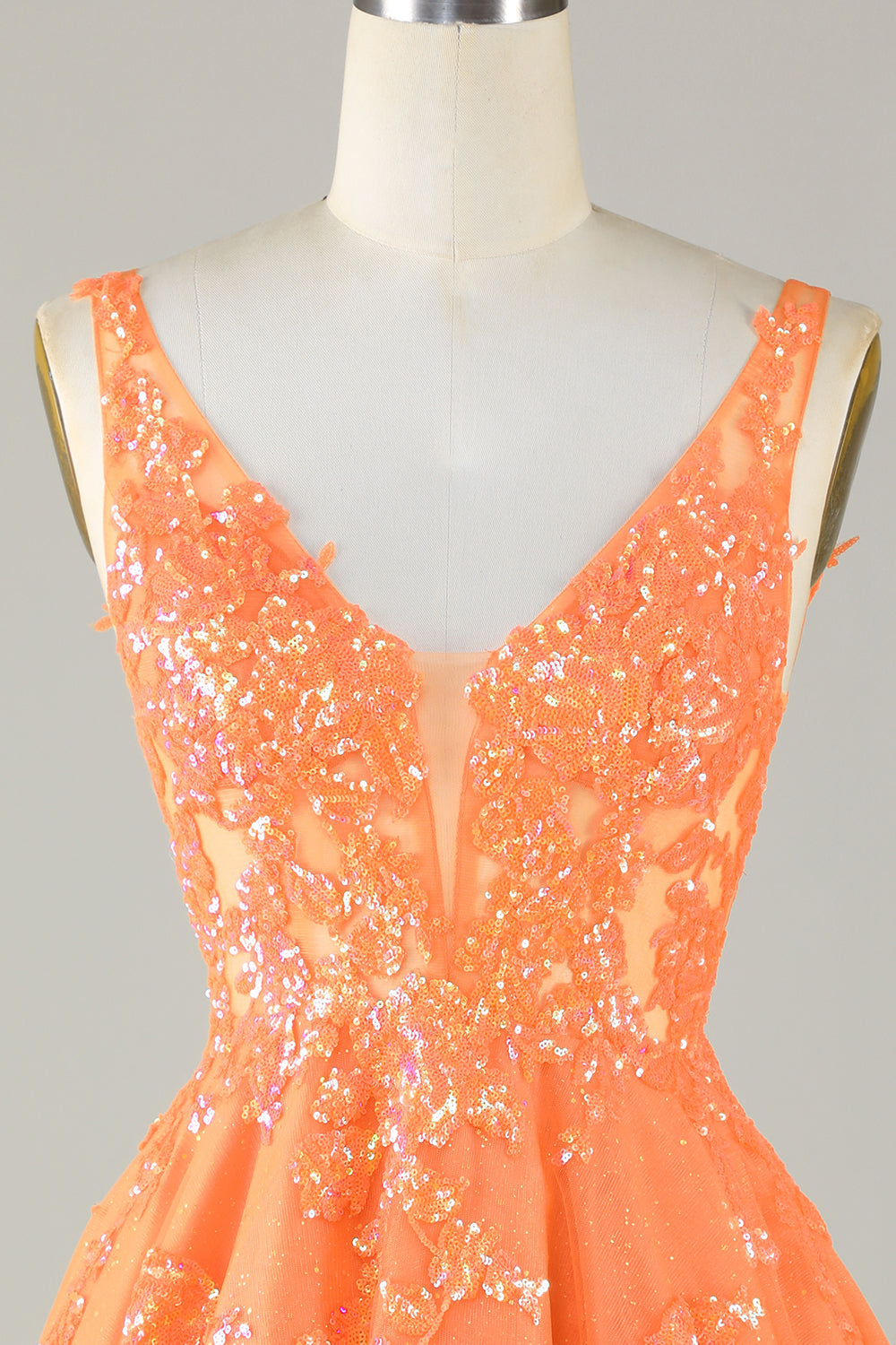 Glitter Orange A Line V Neck Sequins Short Homecoming Dress