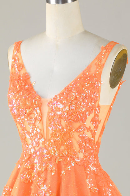 Glitter Orange A Line V Neck Sequins Short Homecoming Dress