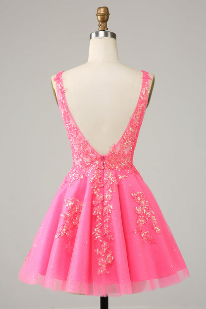 Sparkly Fuchsia Sequined V Neck Backless Short Homecoming Dress