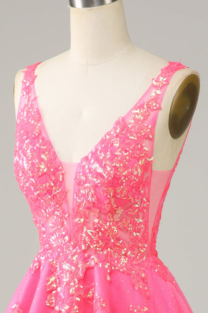 Sparkly Fuchsia Sequined V Neck Backless Short Homecoming Dress