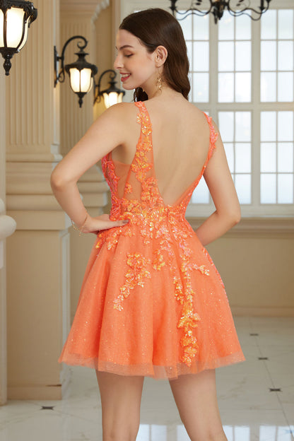 Glitter Orange A Line V Neck Sequins Short Homecoming Dress