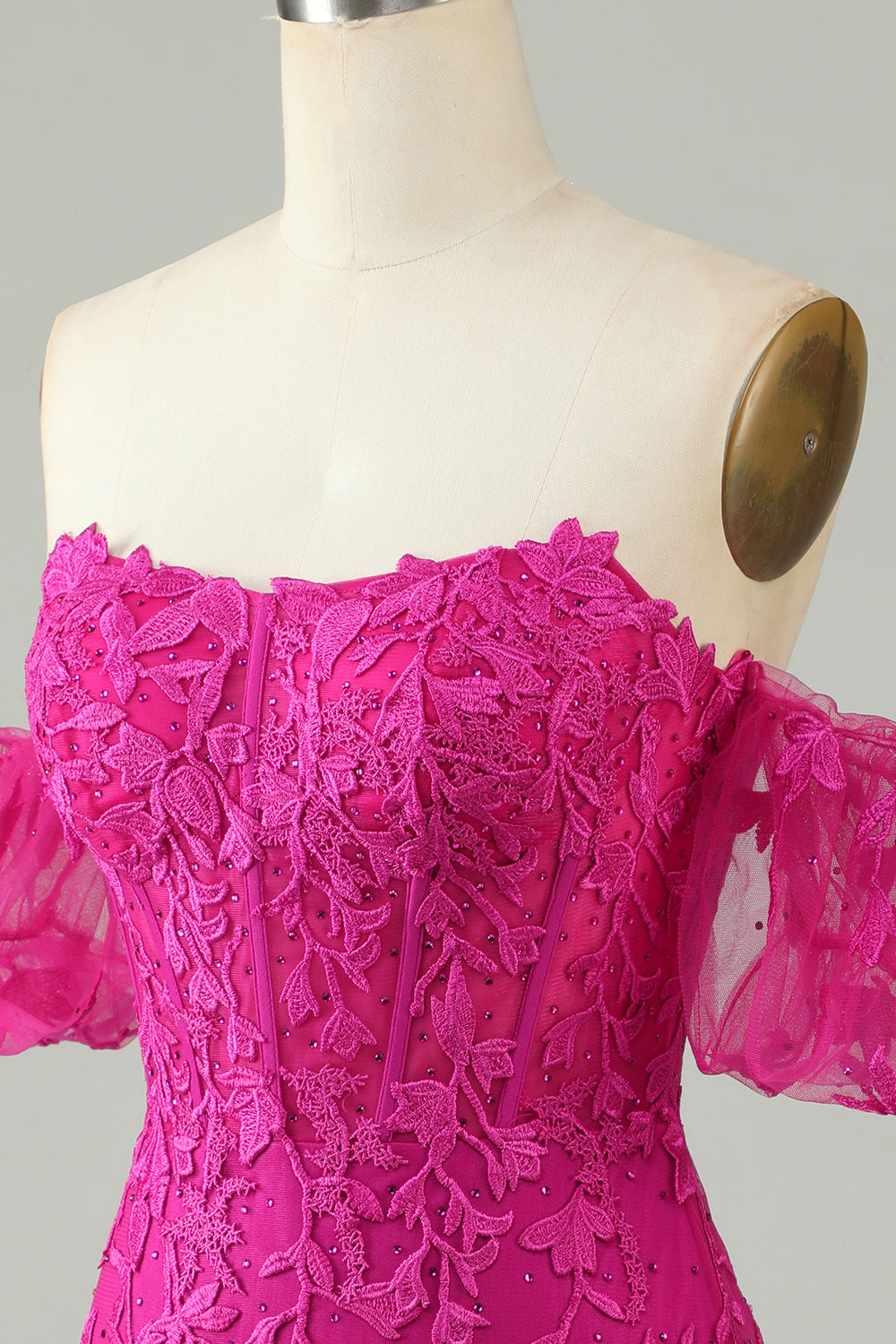 Fuchsia Sheath Off the Shoulder Short Homecoming Dress With Appliques