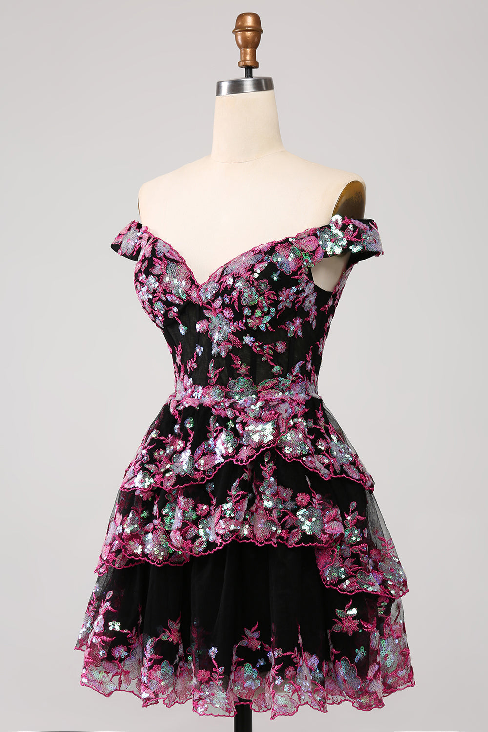 Sparkly Black Pink A Line Off The Shoulder Corset Tiered Short Homecoming Dress