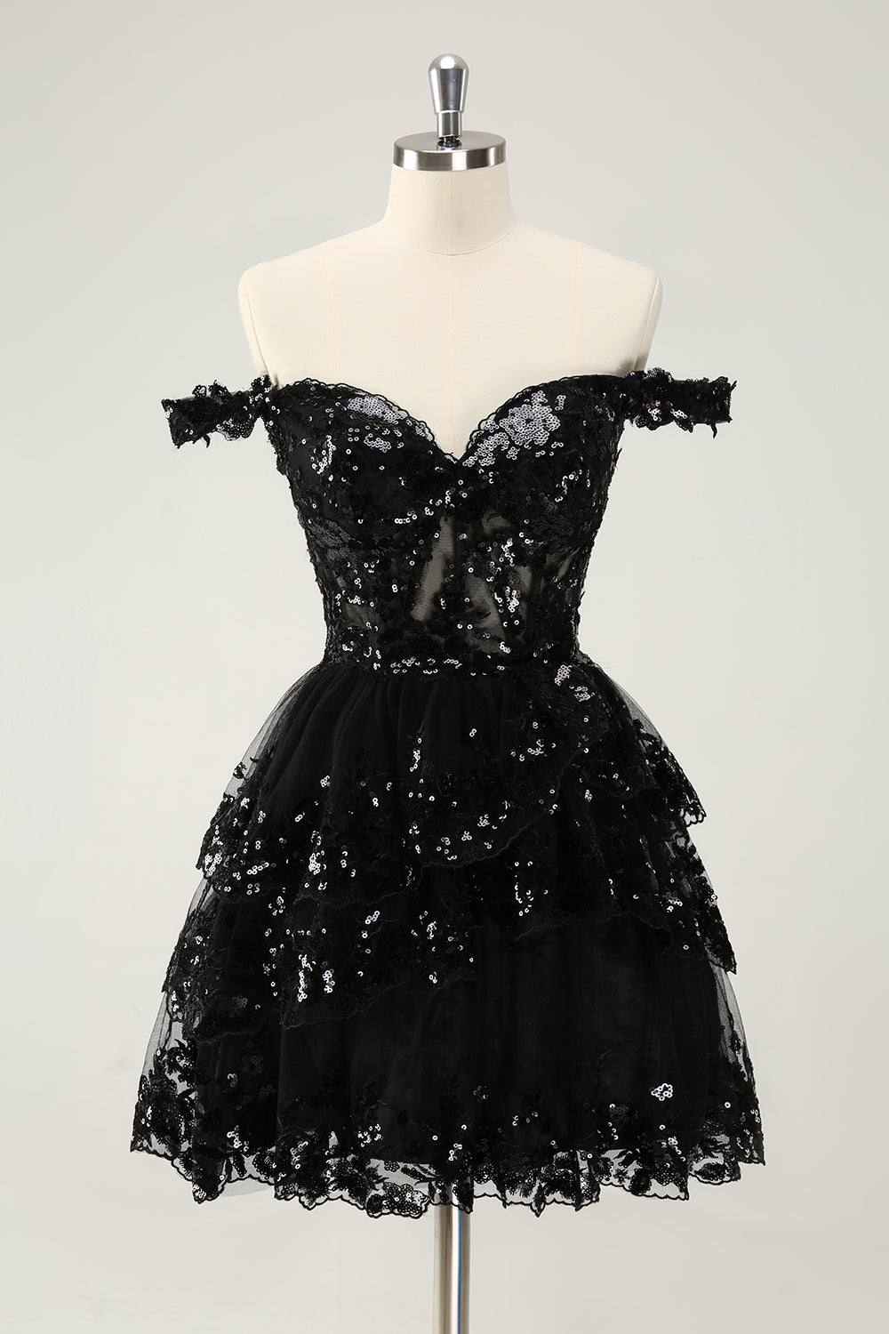 Sparkly Black A Line Off The Shoulder Corset Tiered Short Homecoming Dress