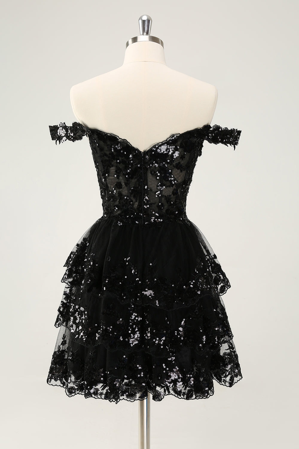 Sparkly Black A Line Off The Shoulder Corset Tiered Short Homecoming Dress