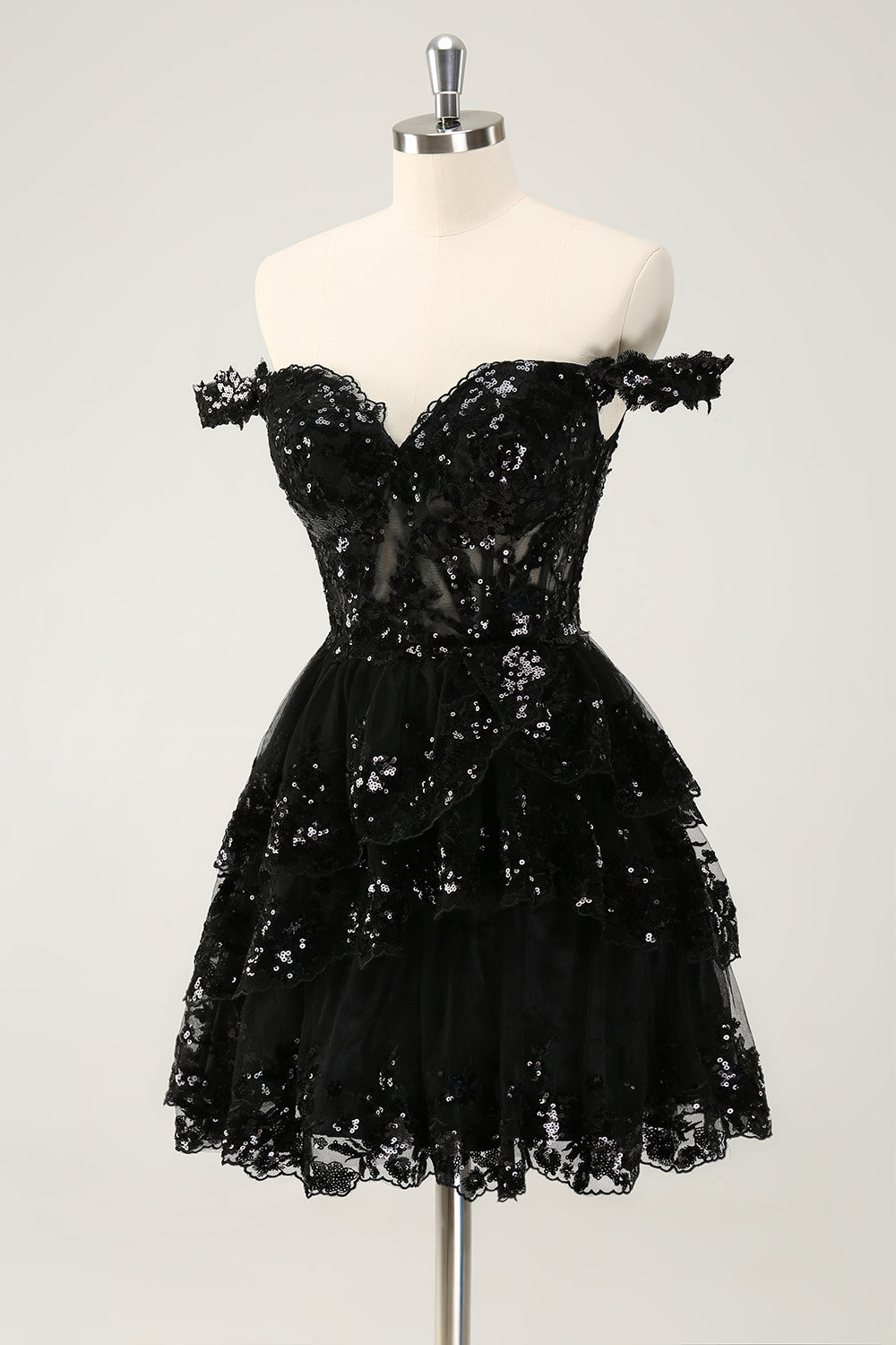 Sparkly Black A Line Off The Shoulder Corset Tiered Short Homecoming Dress