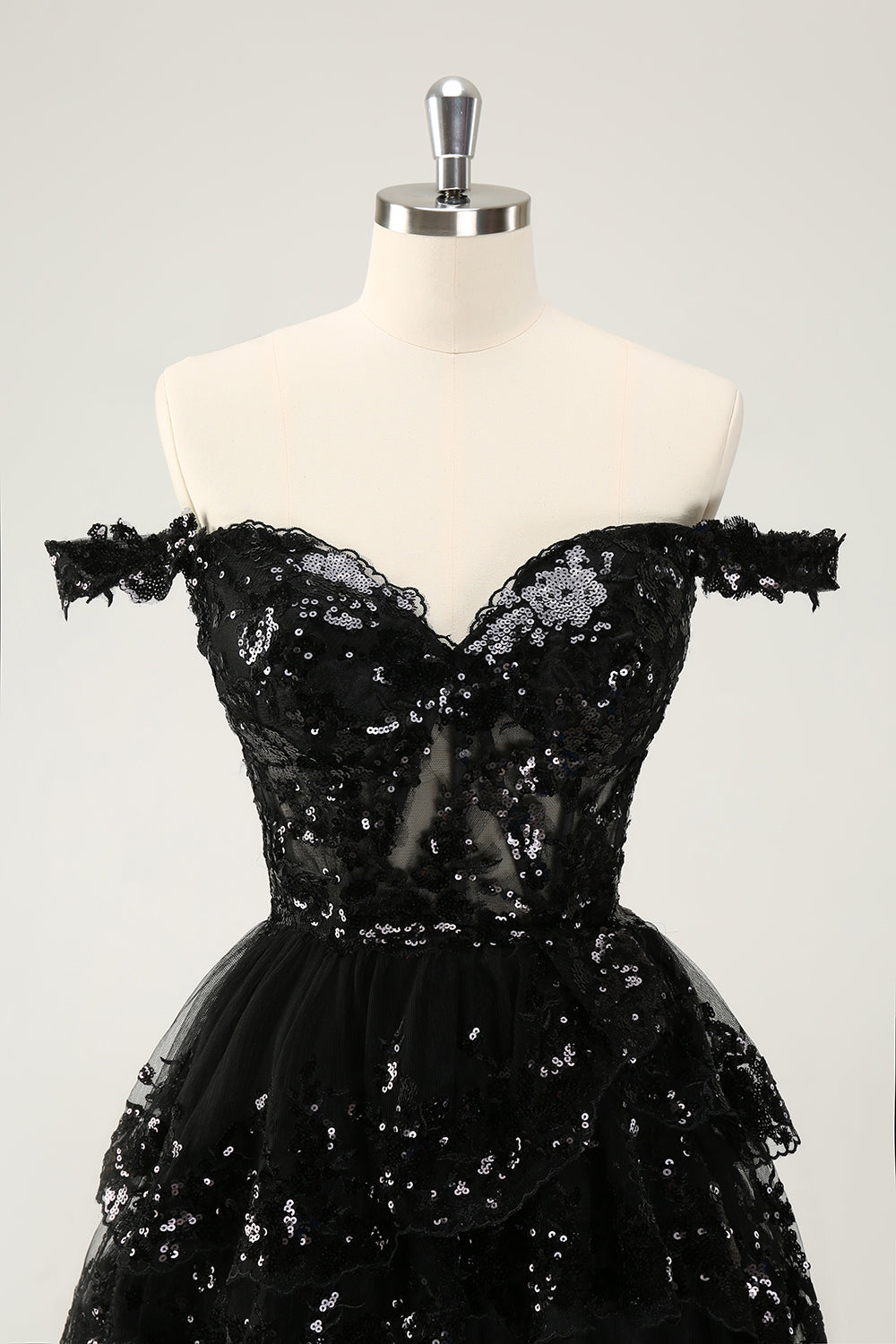 Sparkly Black A Line Off The Shoulder Corset Tiered Short Homecoming Dress