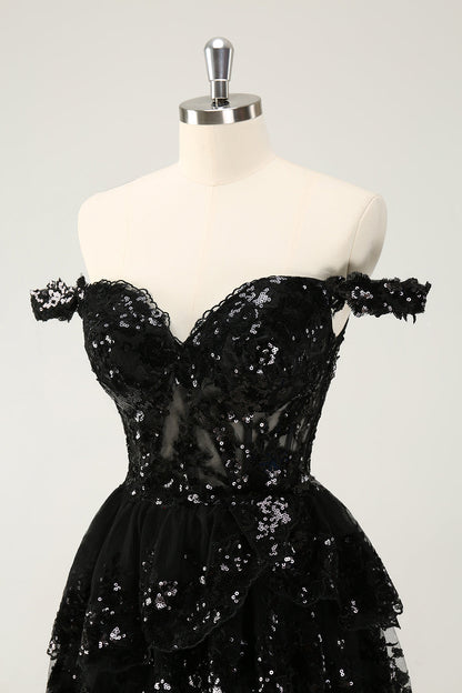 Sparkly Black A Line Off The Shoulder Corset Tiered Short Homecoming Dress