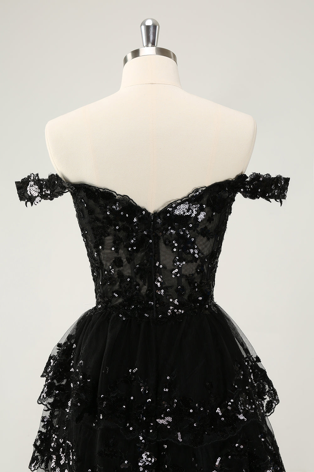 Sparkly Black A Line Off The Shoulder Corset Tiered Short Homecoming Dress