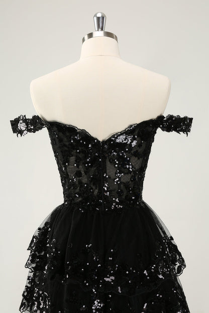 Sparkly Black A Line Off The Shoulder Corset Tiered Short Homecoming Dress