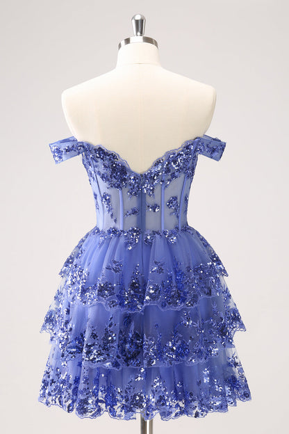 Sparkly Dark Blue A Line Off The Shoulder Corset Tiered Short Homecoming Dress with Sequins