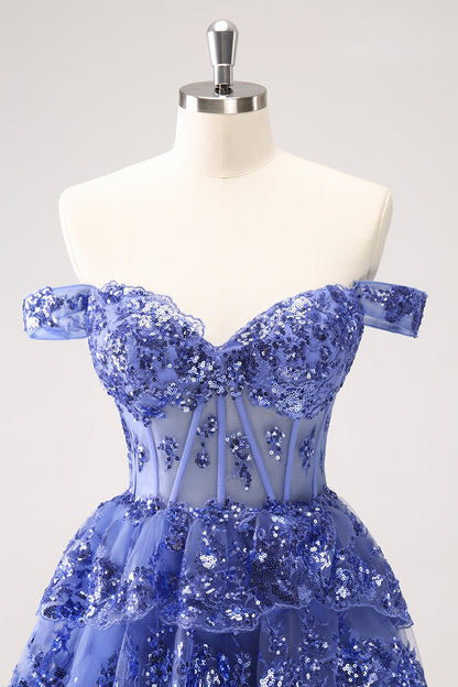 Sparkly Dark Blue A Line Off The Shoulder Corset Tiered Short Homecoming Dress with Sequins