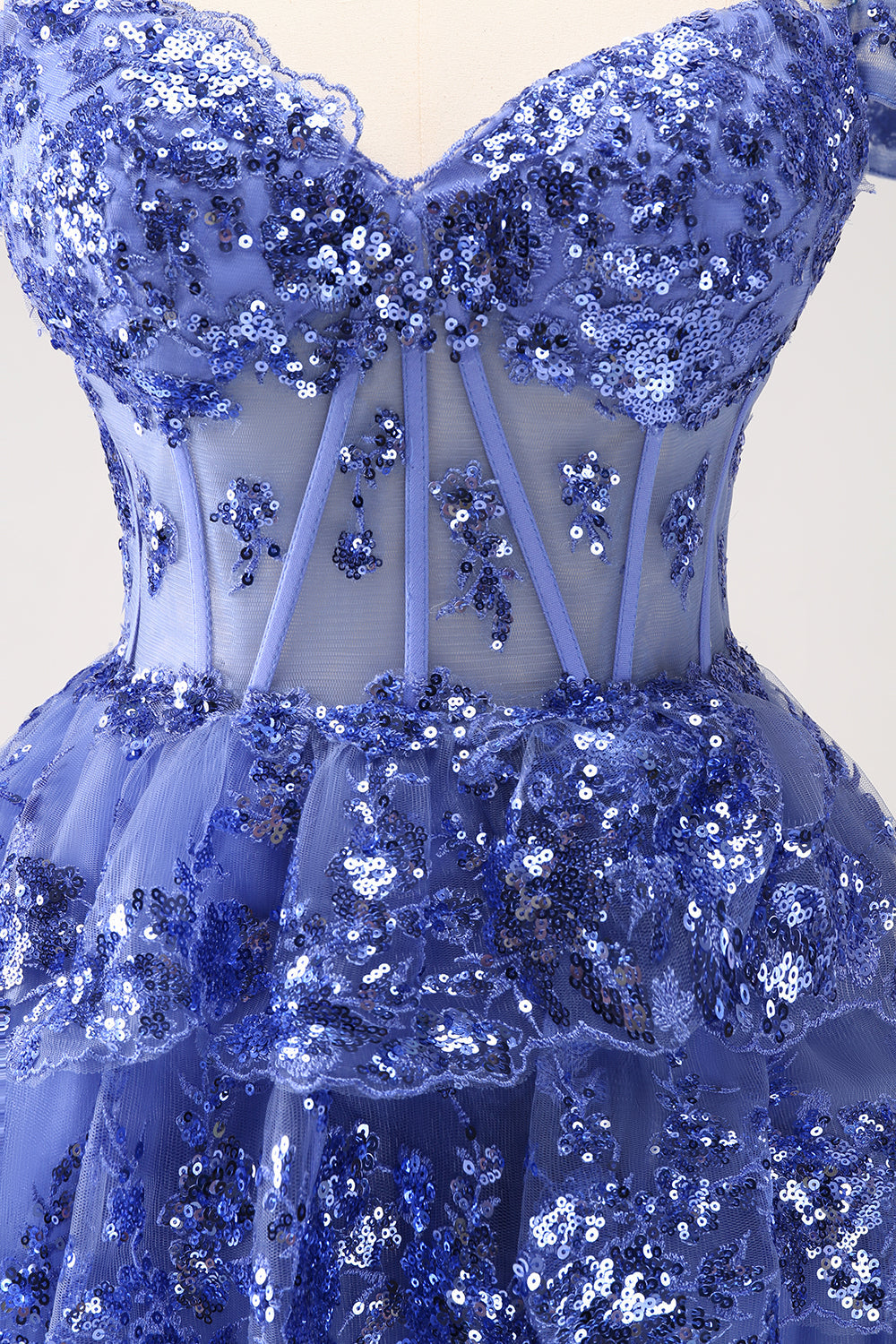 Sparkly Dark Blue A Line Off The Shoulder Corset Tiered Short Homecoming Dress with Sequins