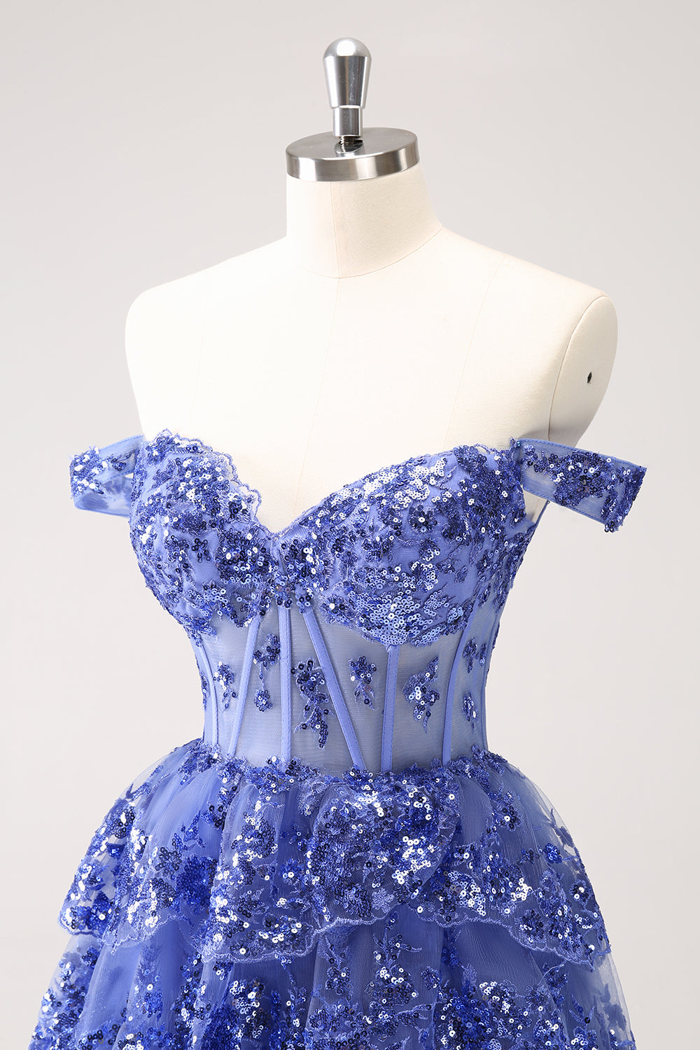 Sparkly Dark Blue A Line Off The Shoulder Corset Tiered Short Homecoming Dress with Sequins