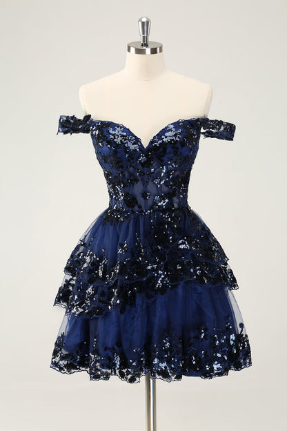 Sparkly Dark Blue A Line Off The Shoulder Corset Tiered Short Homecoming Dress with Sequins