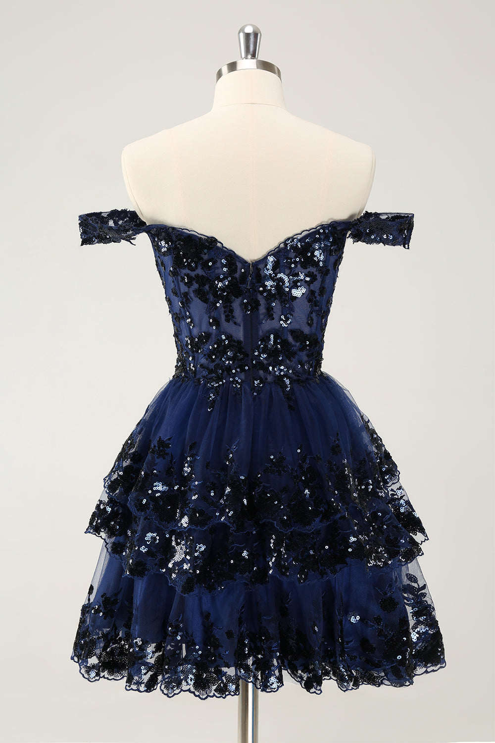 Sparkly Dark Blue A Line Off The Shoulder Corset Tiered Short Homecoming Dress with Sequins