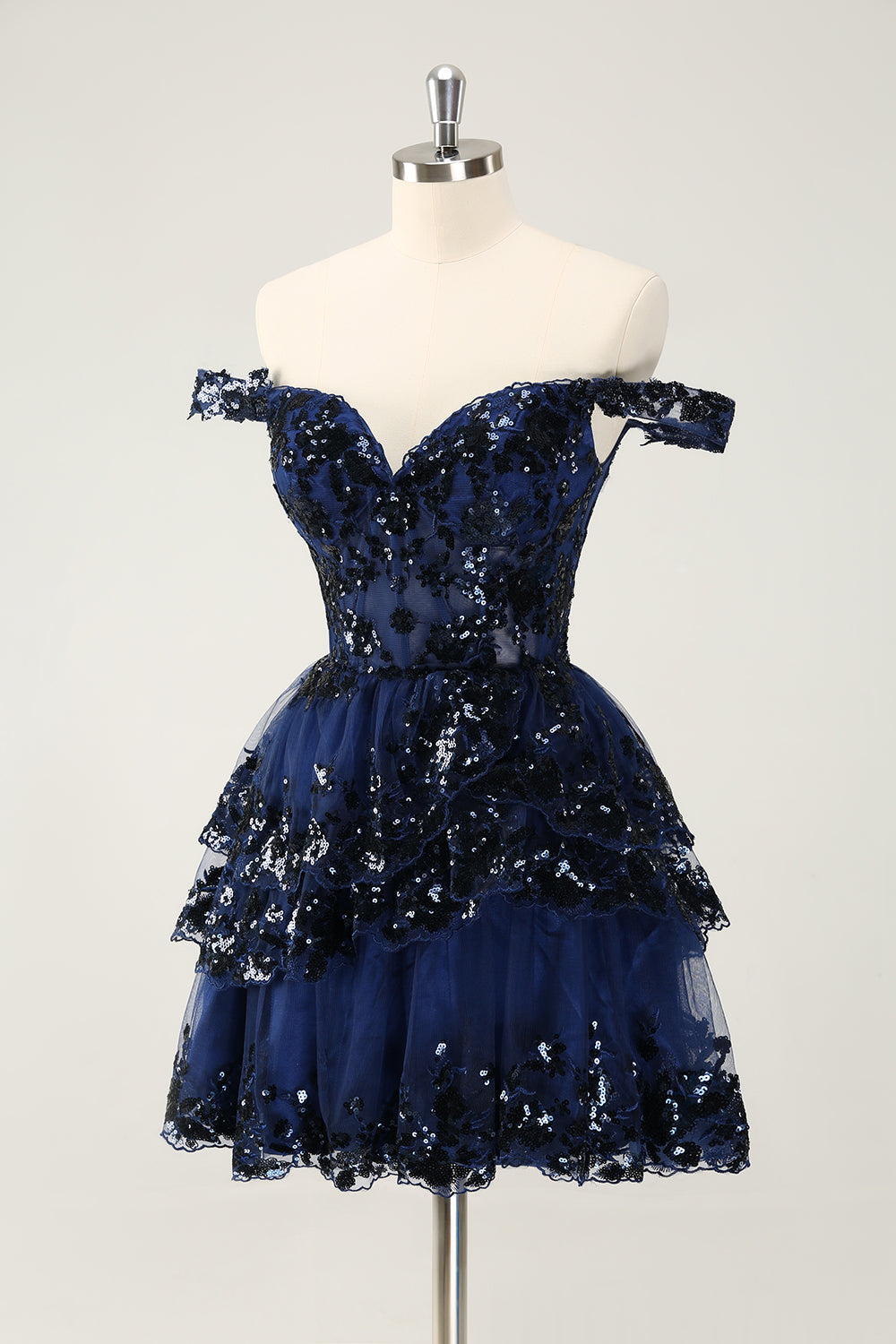 Sparkly Dark Blue A Line Off The Shoulder Corset Tiered Short Homecoming Dress with Sequins