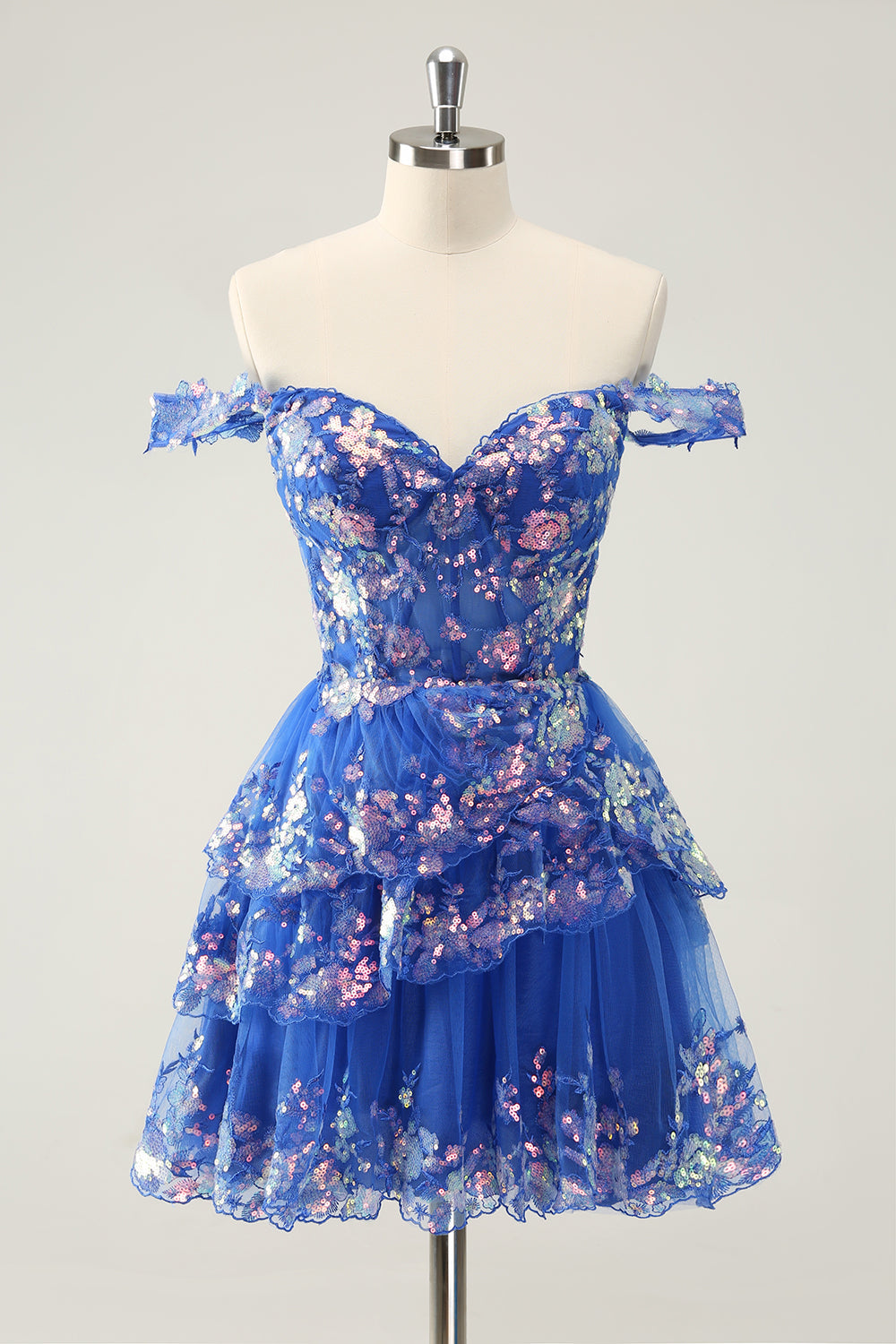 Sparkly Dark Blue A Line Off The Shoulder Corset Tiered Short Homecoming Dress with Sequins