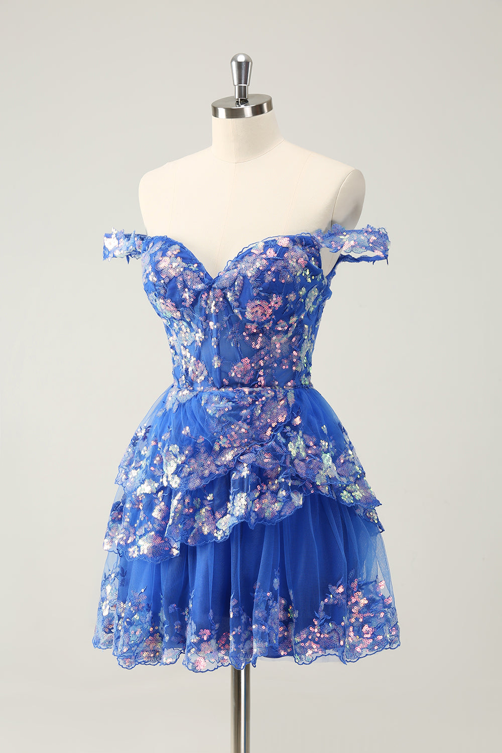 Sparkly Dark Blue A Line Off The Shoulder Corset Tiered Short Homecoming Dress with Sequins