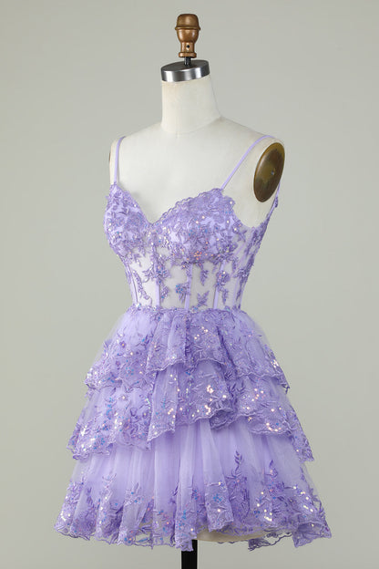 Sparkly Purple A Line Spaghetti Straps Tiered Corset Short Homecoming Dress