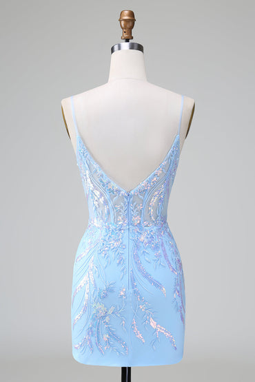 Sparkly Blue Bodycon Spaghetti Straps Corset Short Homecoming Dress with Sequins