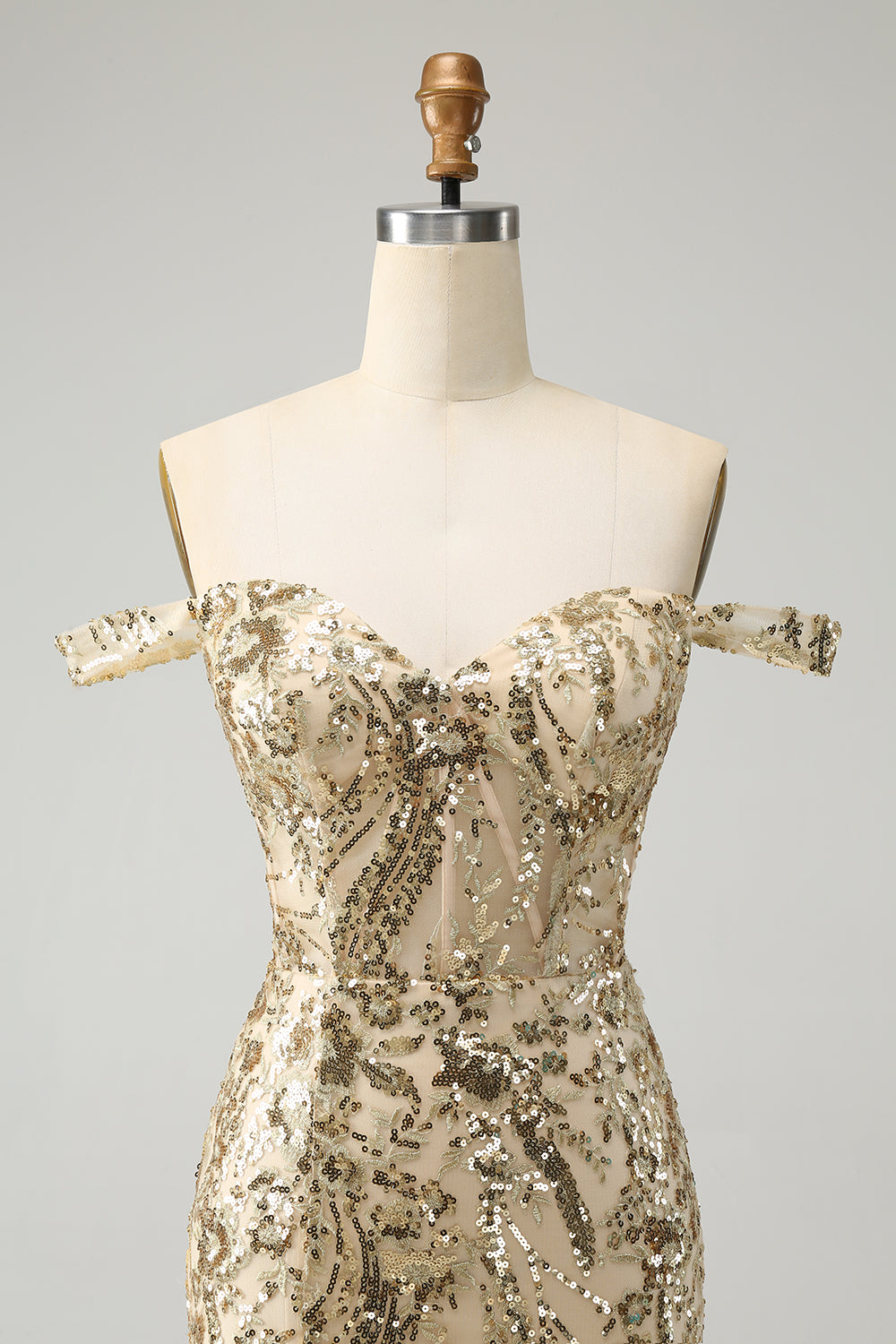 Sparkly Golden Bodycon Off The Shoulder Corset Homecoming Dress with Sequins