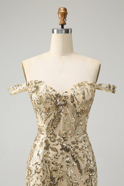 Sparkly Golden Bodycon Off The Shoulder Corset Homecoming Dress with Sequins