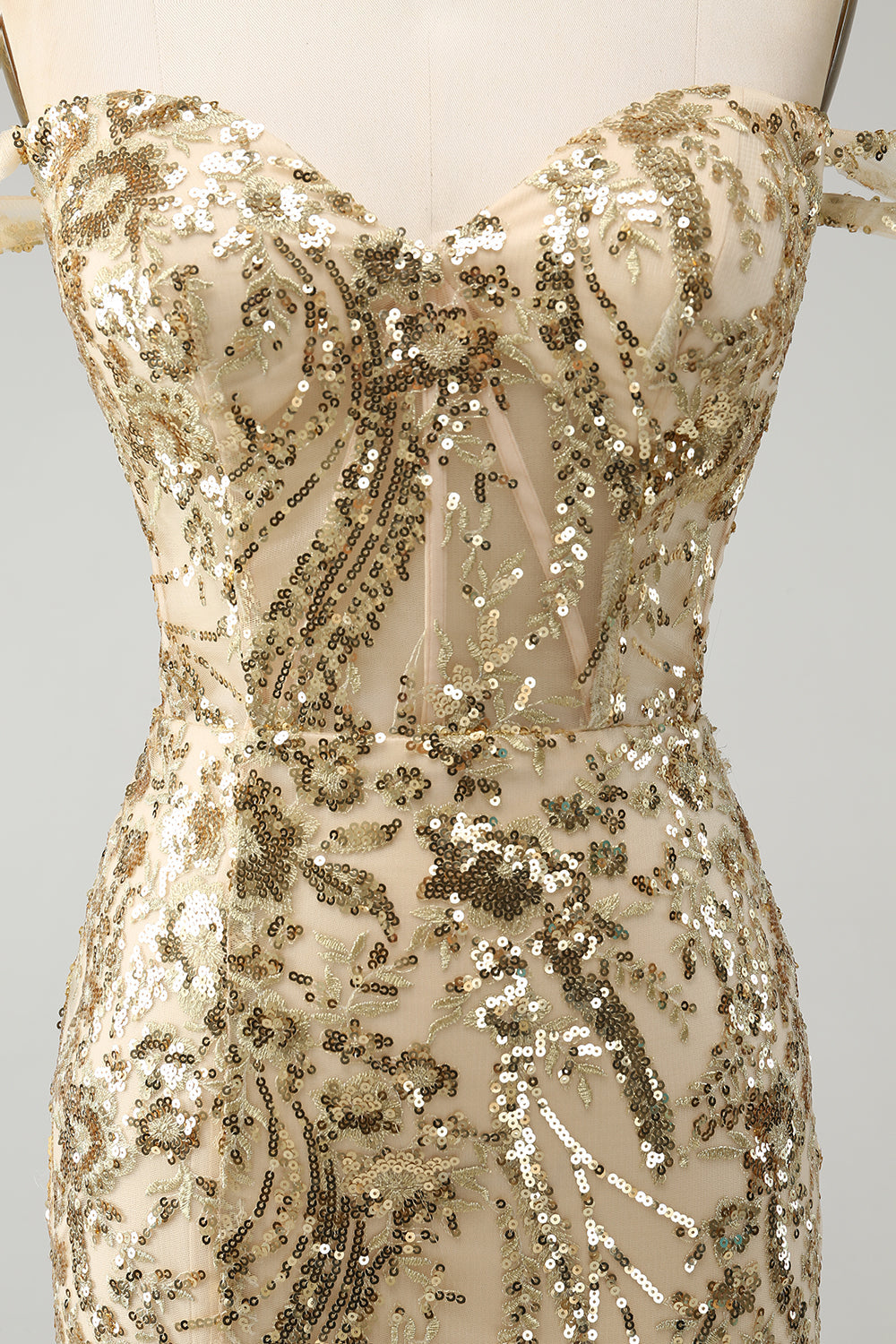 Sparkly Golden Bodycon Off The Shoulder Corset Homecoming Dress with Sequins