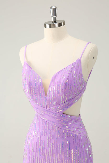 Glitter Purple Bodycon Lace Up Back Short Homecoming Dress with Sequins