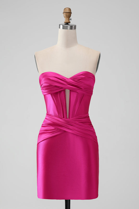 Fuchsia Bodycon Sweetheart Pleated Corset Short Homecoming Dress