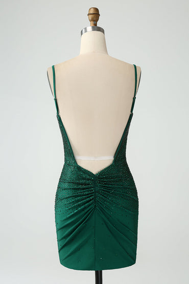 Dark Green Bodycon Spaghetti Straps Backless Homecoming Dress with Beading