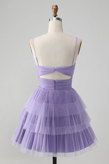 Cute Purple A Line Spaghetti Straps Short Tiered Homecoming Dress with Hollow Out