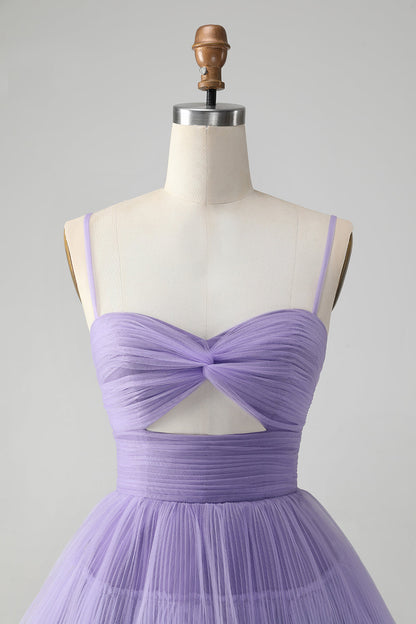 Cute Purple A Line Spaghetti Straps Short Tiered Homecoming Dress with Hollow Out