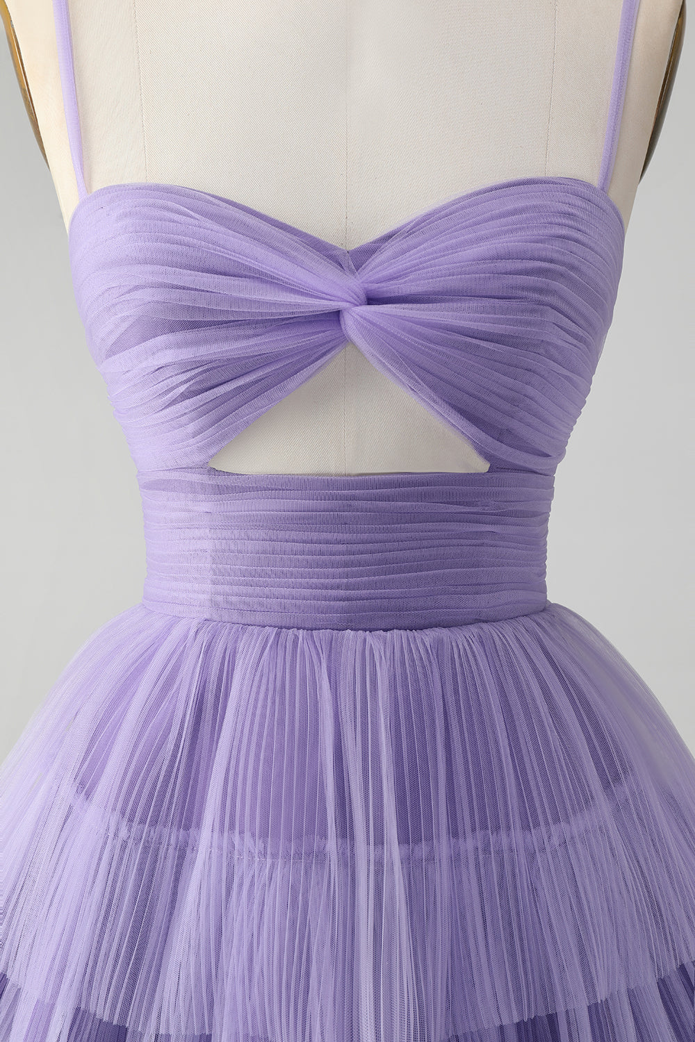 Cute Purple A Line Spaghetti Straps Short Tiered Homecoming Dress with Hollow Out