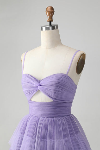 Cute Purple A Line Spaghetti Straps Short Tiered Homecoming Dress with Hollow Out