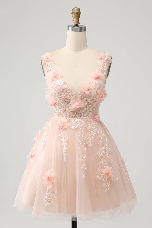 Cute Blush A Line V Neck Sequin Corset Short Homecoming Dress with Appliques