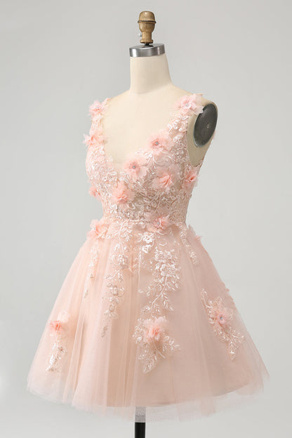 Cute Blush A Line V Neck Sequin Corset Short Homecoming Dress with Appliques